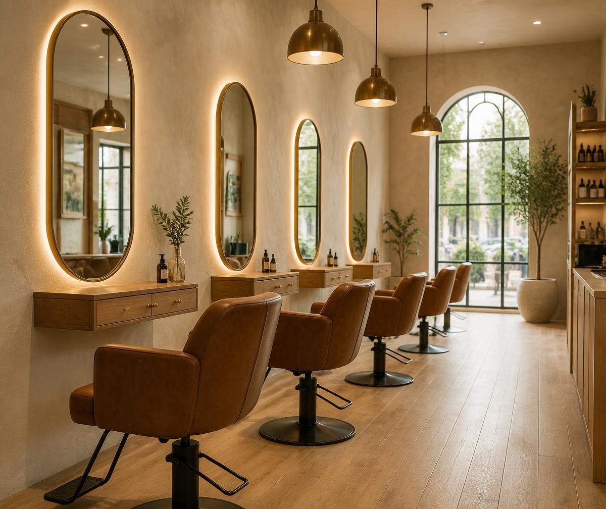 Innenansicht des LUMÉA Salons mit ovalen Spiegeln